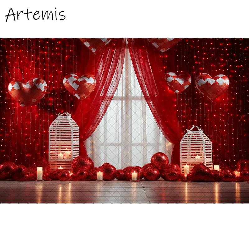 Valentine's Day Photography Background Red Curtains Love Balloon Wedding Bridal Shower Decor Kids Birthday Backdrop Photo Studio