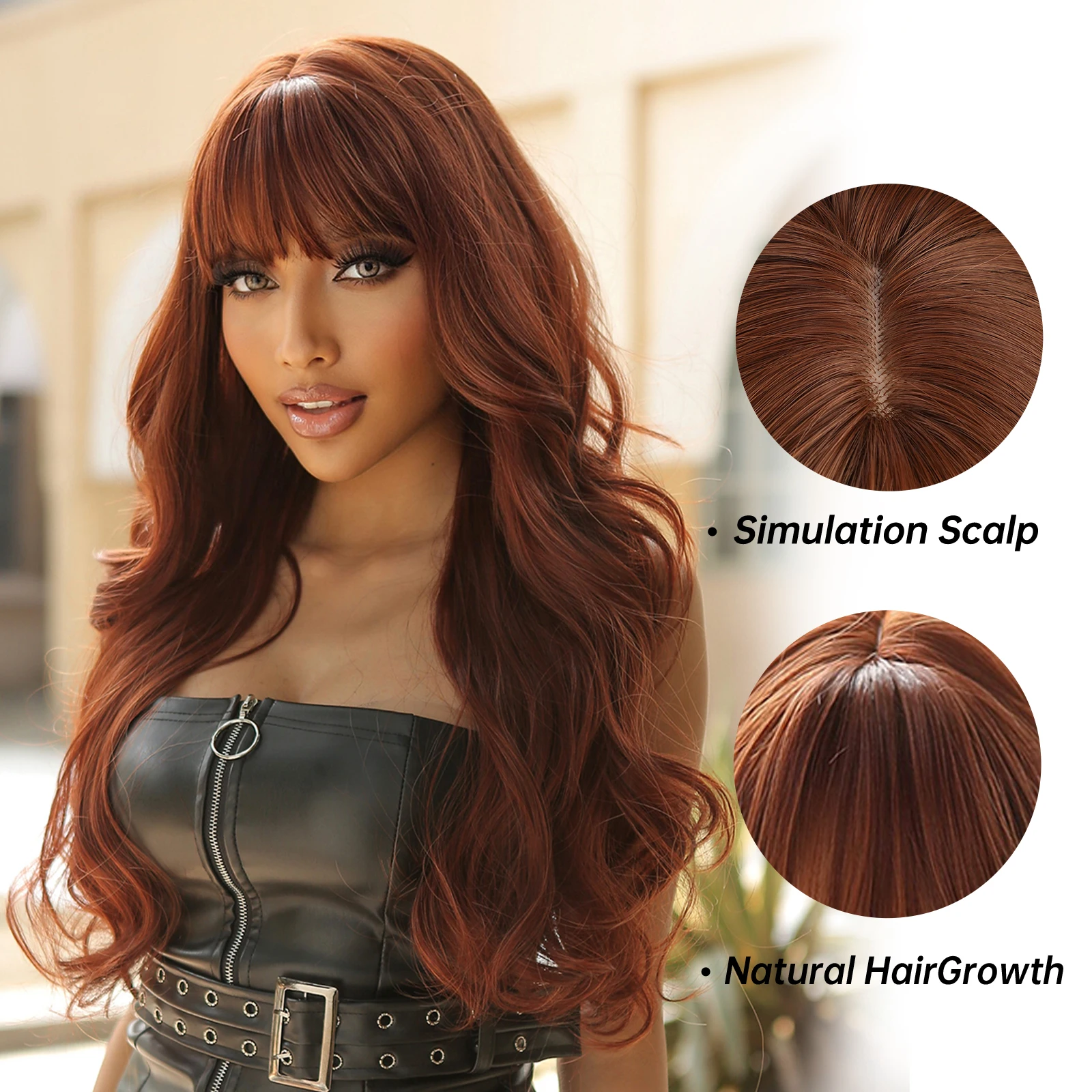 LOUIS FERRE Reddish Brown Wig for Women Long Body Wavy Synthetic Wigs with Bangs Copper Red Natural Hairline Heat Resistant Hair