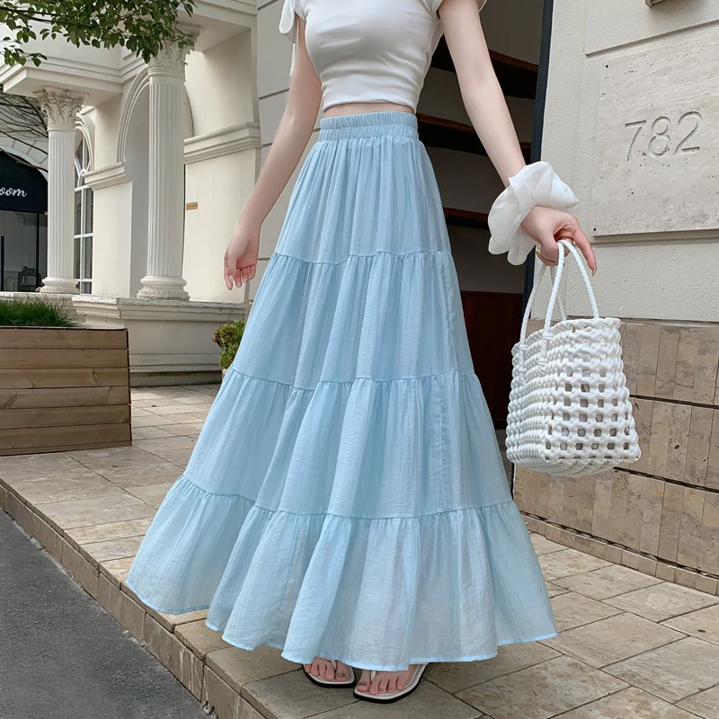 

Dopne Blue Elastic Waist Splice Cake f Skirt Women's Thin High Waist Slimming Hip Covering A-Line Umbrella Skirt