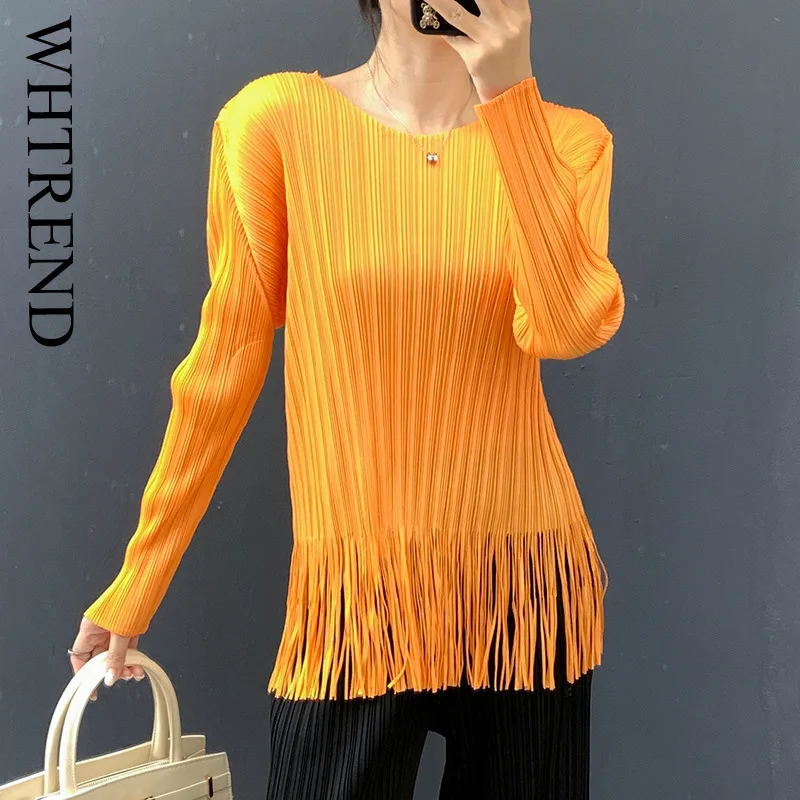 

WHTREND Pleated Tassel Long Sleeve T-Shirt For Women Round Neck Solid Color Slim Fit Fashion Top Spring And Autumn New WH2027