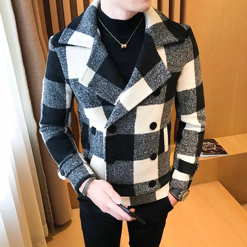 

Men's Short Woolen Coat for Fall/winter 202 High-quality Fashion Double-breasted Plaid Business Casual Thick Warm Jacket