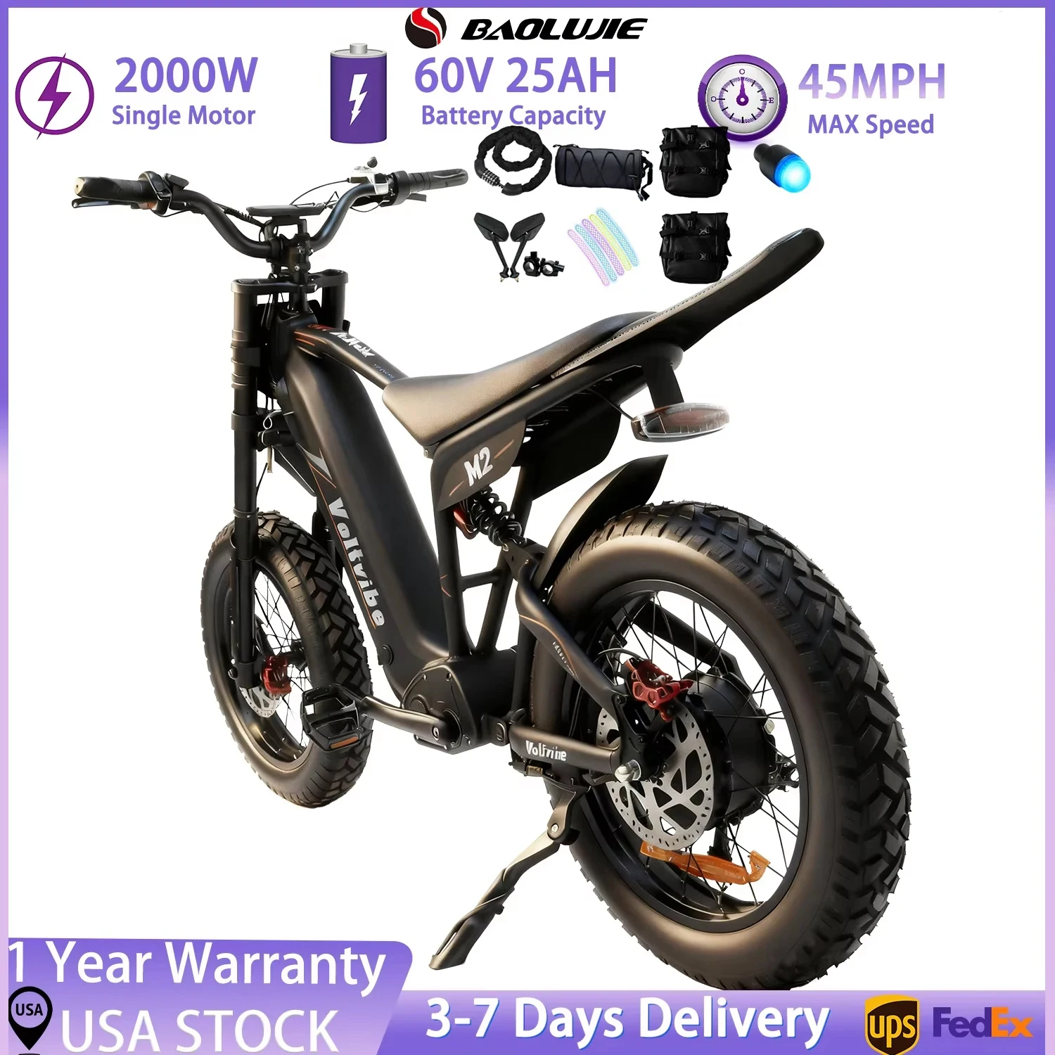 

Аккумулятор BAOLUJIE M2 Moto 60 В 25 Ач, 7-скоростной электронный велосипед, электрический велосипед с максимальной скоростью 45 миль в час, электрический мотоцикл【1-летняя гарантия】