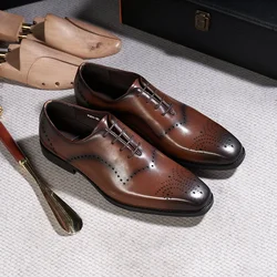 Italian Brogue Men's Oxfords Genuine Leather Lace-Up Formal Dress Shoes for Wedding Party Office Classic Male Shoe