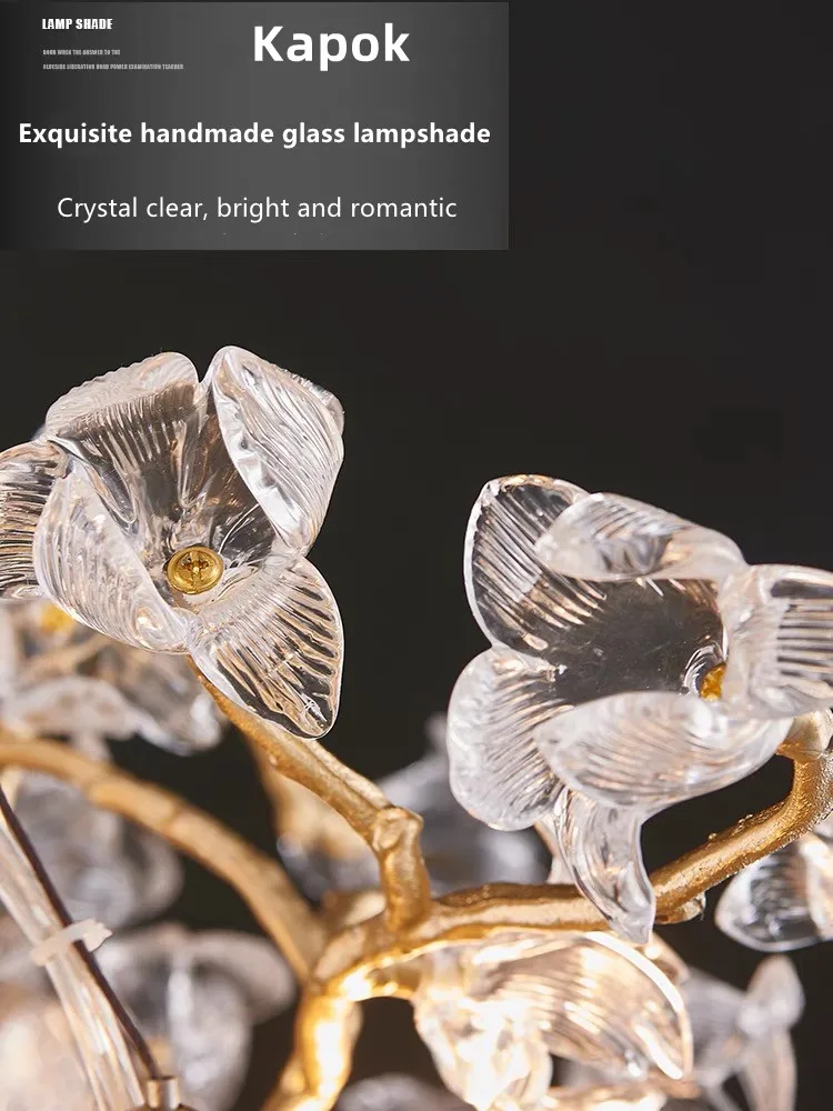 Modern LED Branches Ceiling Chandeliers Glass Crystal Pendant Lamp Handmade Kapok Flower Hanging Light Lustre Home Decor Fixture