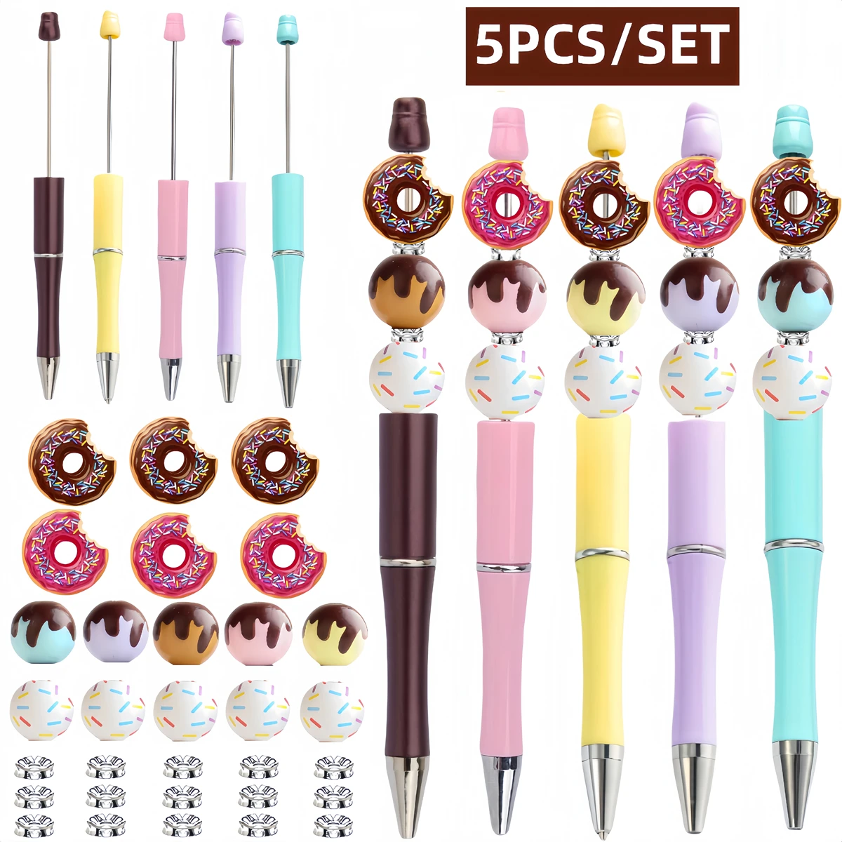 5PCS/10PCS Color Chocolate Rose Red Doughnuts Gingerbread Man Dessert Cake Theme DIY Wood Bead Set with Black Ink Ballpoint Pen