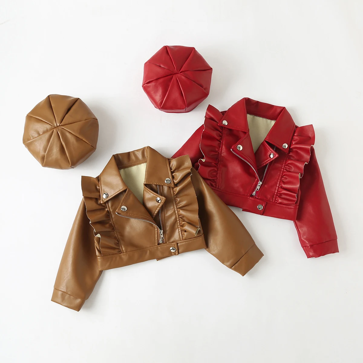 hibobi Toddler Solid Color Lapel Leather & Hat Baby Girl Spring Autumn Winter PU Coat Fashion Leather Jackets For Kid 1-6Y