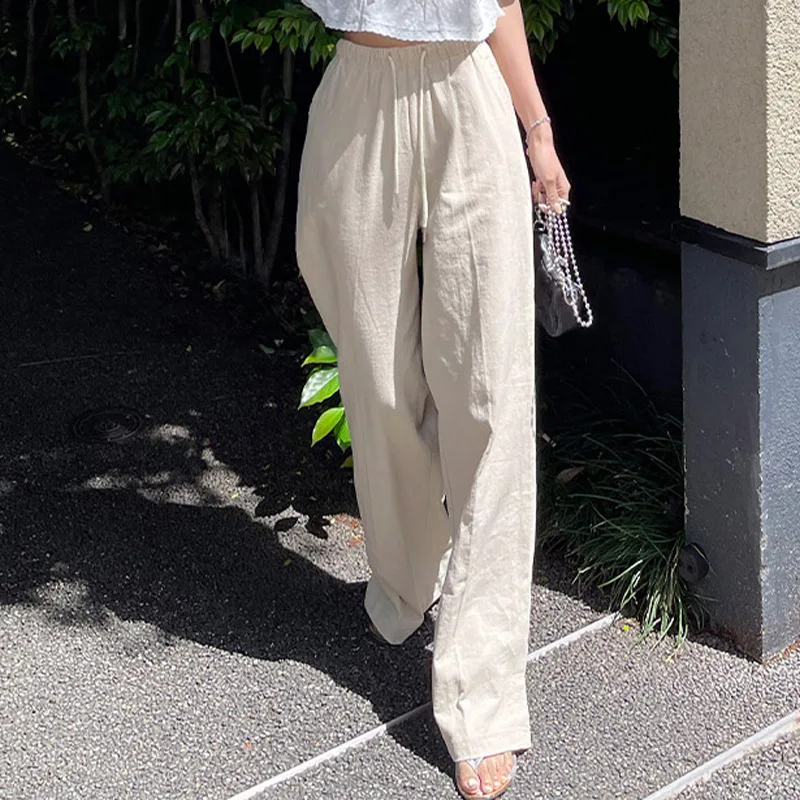 

Women'S Loose Cotton Linen High-Waisted Drawstring Pants Summer Casual Breathable Straight-Leg Fashion Streetwear Trousers