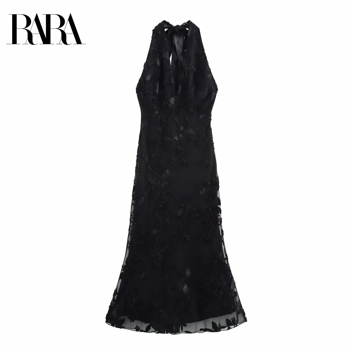 

RARA Womens Sexy Deep V Neck Sleeveless Halter Neck Mid Length A Line Dress Embellished with Embroidery