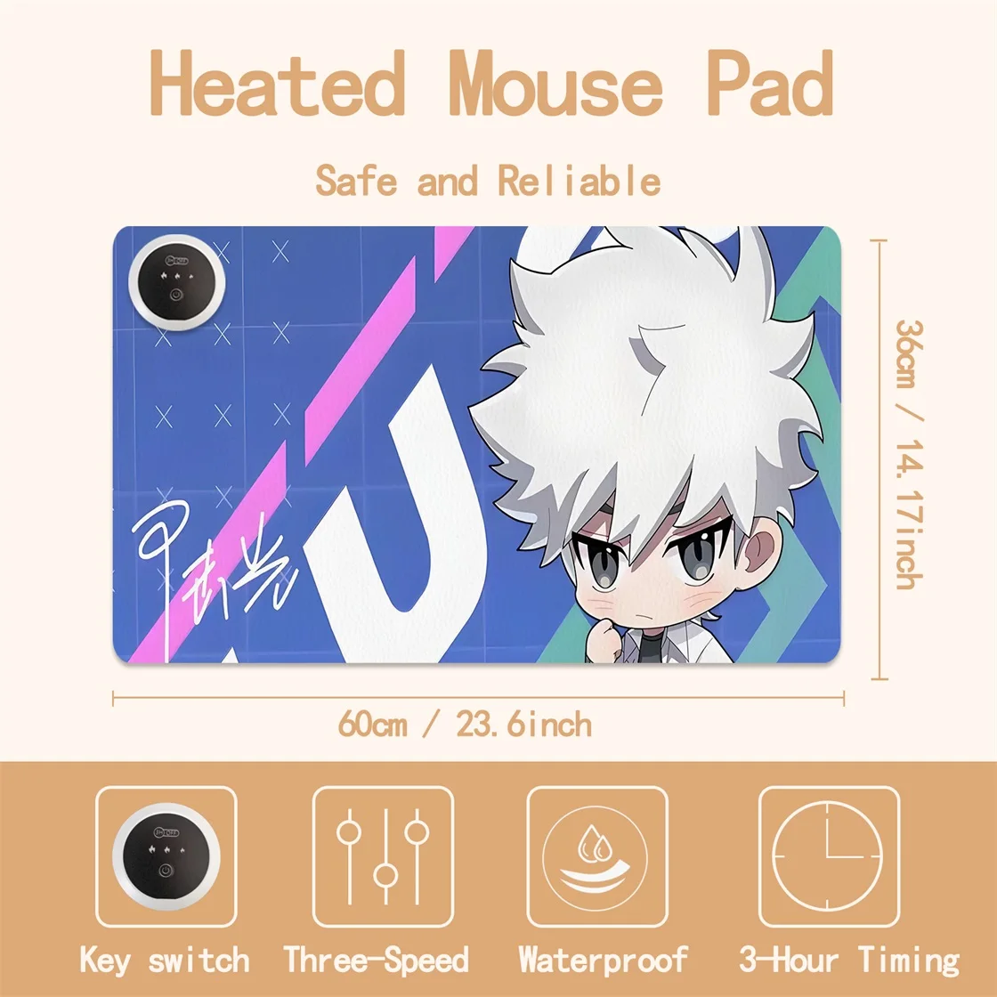 Anime PU Leather Heated Mouse Pad Warmer Hand Heating Pad 3-Speed Temperature Control Cute Game Mousepad 360x600x2mm