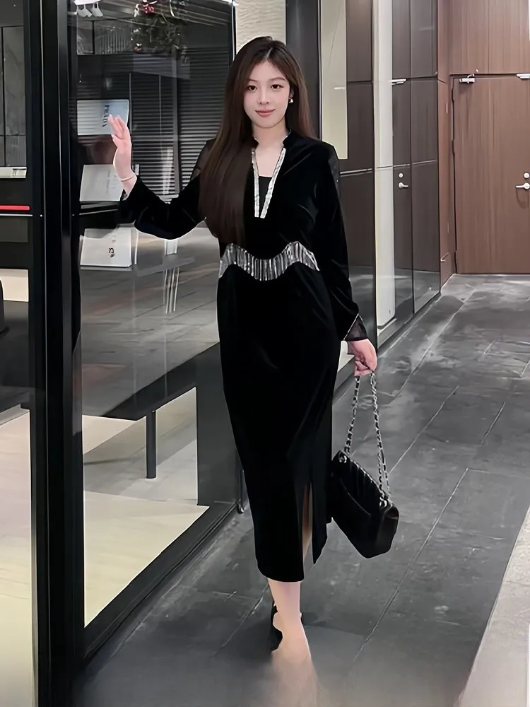 

Новинка: Зимнее бархатное платье макси с бахромой для полных женщин, приталенное, с высокой талией, для повседневной носки, V-образный вырез