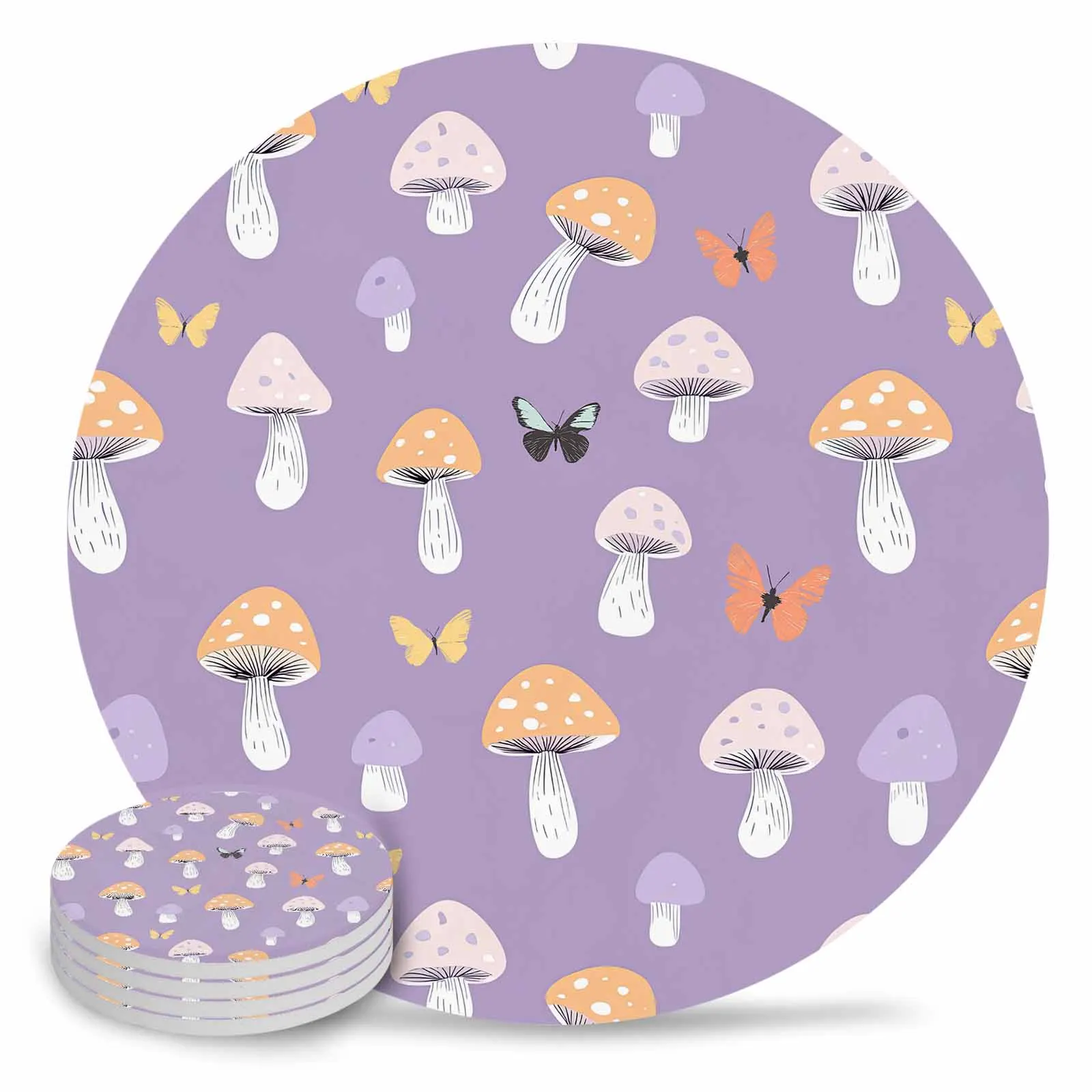 Mushroom Butterfly Hand Drawn Lines Ceramic Coaster Set Kitchen Table Round Placemat Luxury Decor Coffee Tea Cup Coasters