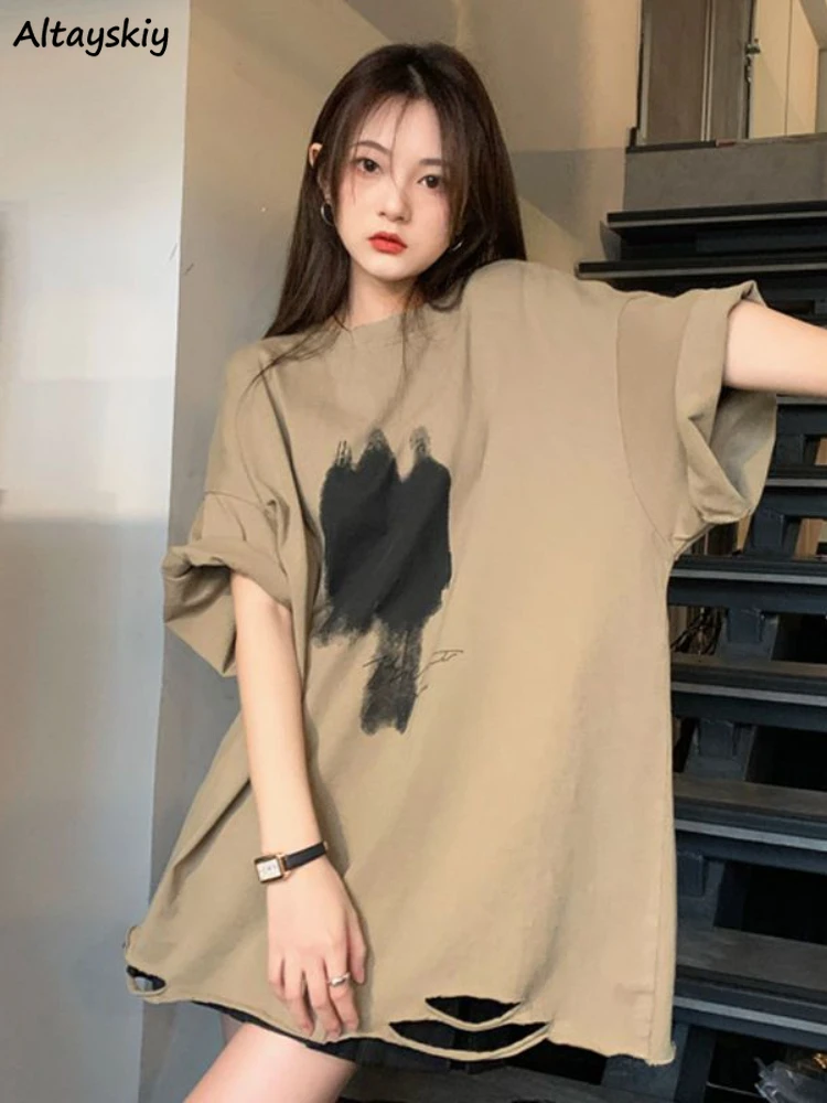 L-4XL Ripped T-shirts Women Simple Printed Design Baggy Summer Long Tops Fashion College Ulzzang Streetwear Leisure Basics Ins