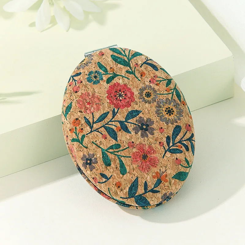 50pcs Cork Makeup Mirror Portable Mini Oval Two-side Folding Make Up Mirror Vintage Boho Style Print Hand Mirror Gift