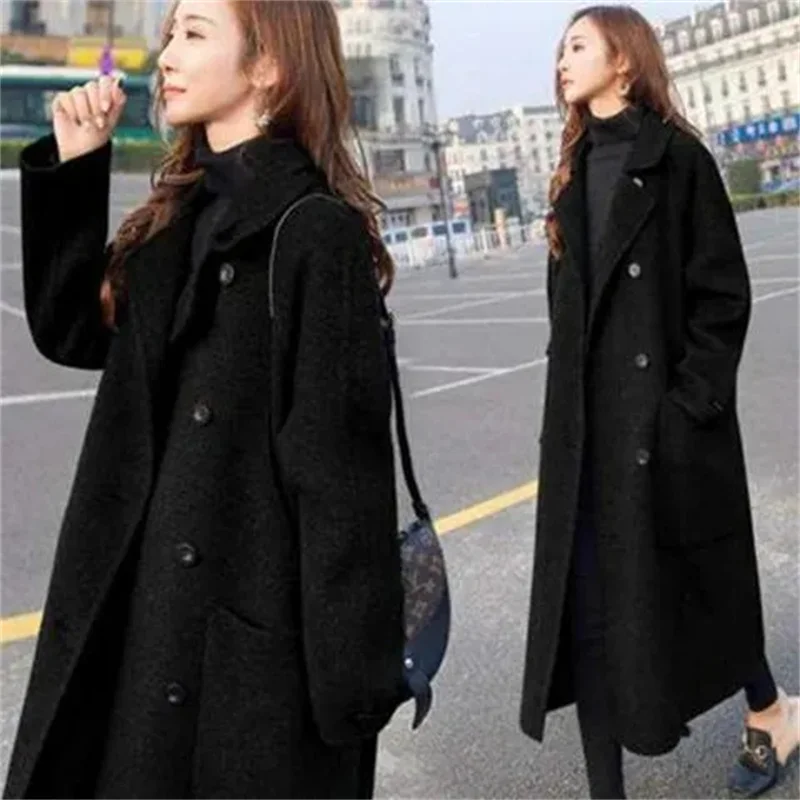 

Woolen Coat Women's Mid length Korean Version 2023 Autumn/Winter New Hepburn Popular Long Knee Grey Cotton Woolen Coat Commuter