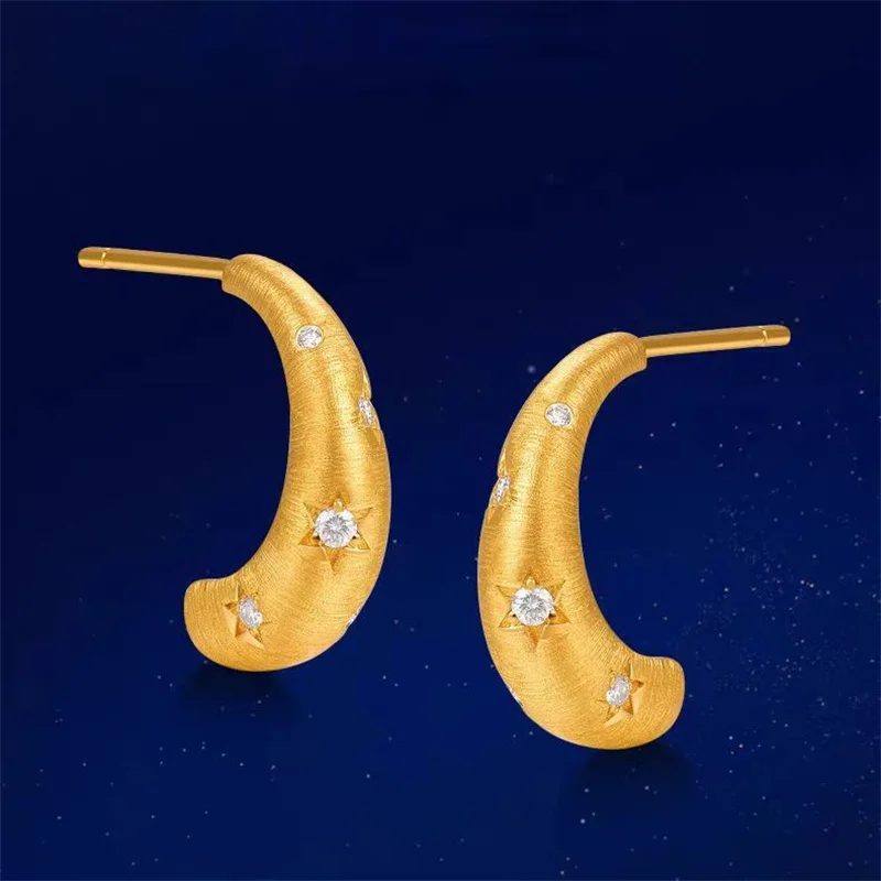

AU750 18K gold brushed cow horn hexagonal star women's earrings with diamond inlay, light luxury and high-end earrings