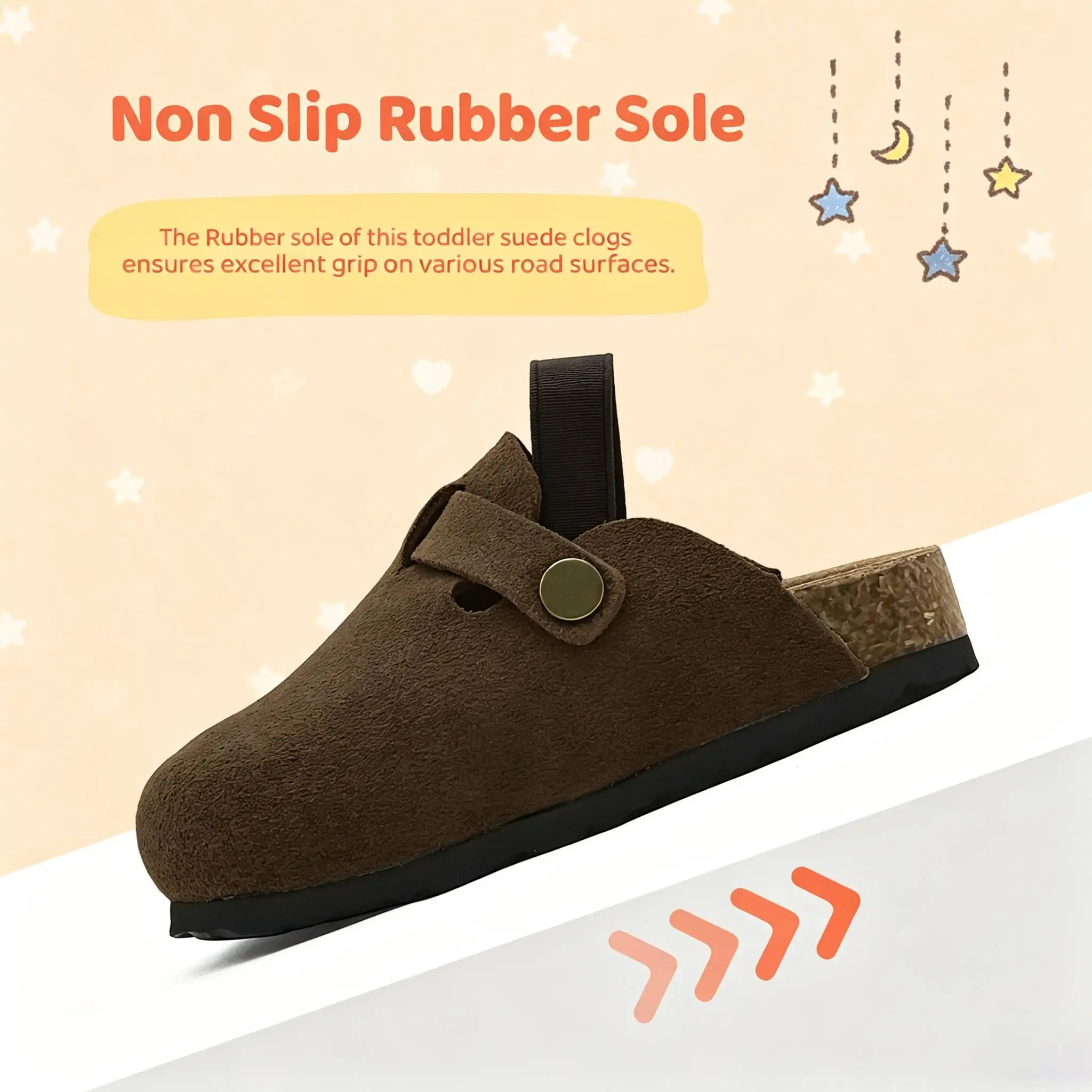 Toddler Kids Suede Leather Clogs Arch Support Cork Footbed Non-Slip Rubber Adjustable Buckle Elastic Heel Strap for Boys & Girls