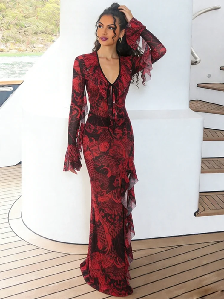 

Nibber Sexy 2 Piece Set Women Koi Fish Print Low-Neck Bell Sleeve Ruffled Collar Top+Irregular Split Ruffle Hem Slim Streeweart