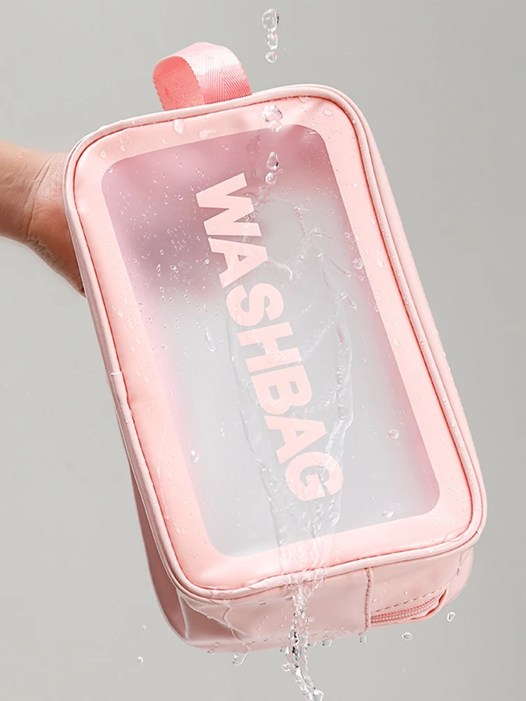 1pc Pu Transparent Three Piece Makeup And Toiletries Bag, Large Capacity Pvc Semi Transparent Frosted Portable Storage Bag