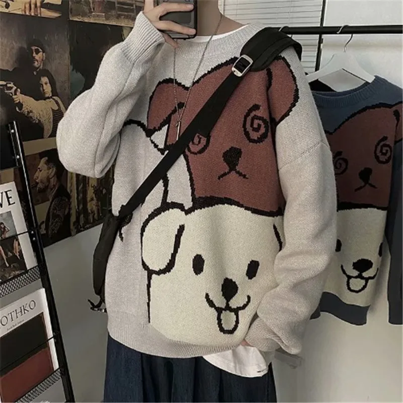 Autumn and Winter Cartoon Bear Sweater Men Clothing Fashion Long Sleeve Knitted Pullover Sweater Male Loose Casual Warm Clothes