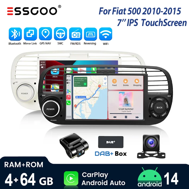 7 "4 + 64 جيجابايت لـ 2010-2015 فيات 500 HD شاشة تعمل باللمس بالسعة أندرويد 14 راديو ستيريو للسيارة نظام تحديد المواقع نافي اللاسلكية CarPlay بلوتوث RDS #1