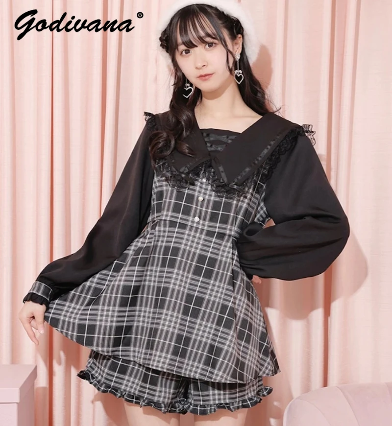 

Japanese Style Plaid Striped Large Lapel Bow Bandage Waist-Controlled Slimming Long Sleeve Top and Shorts Two Piece Set Outfits