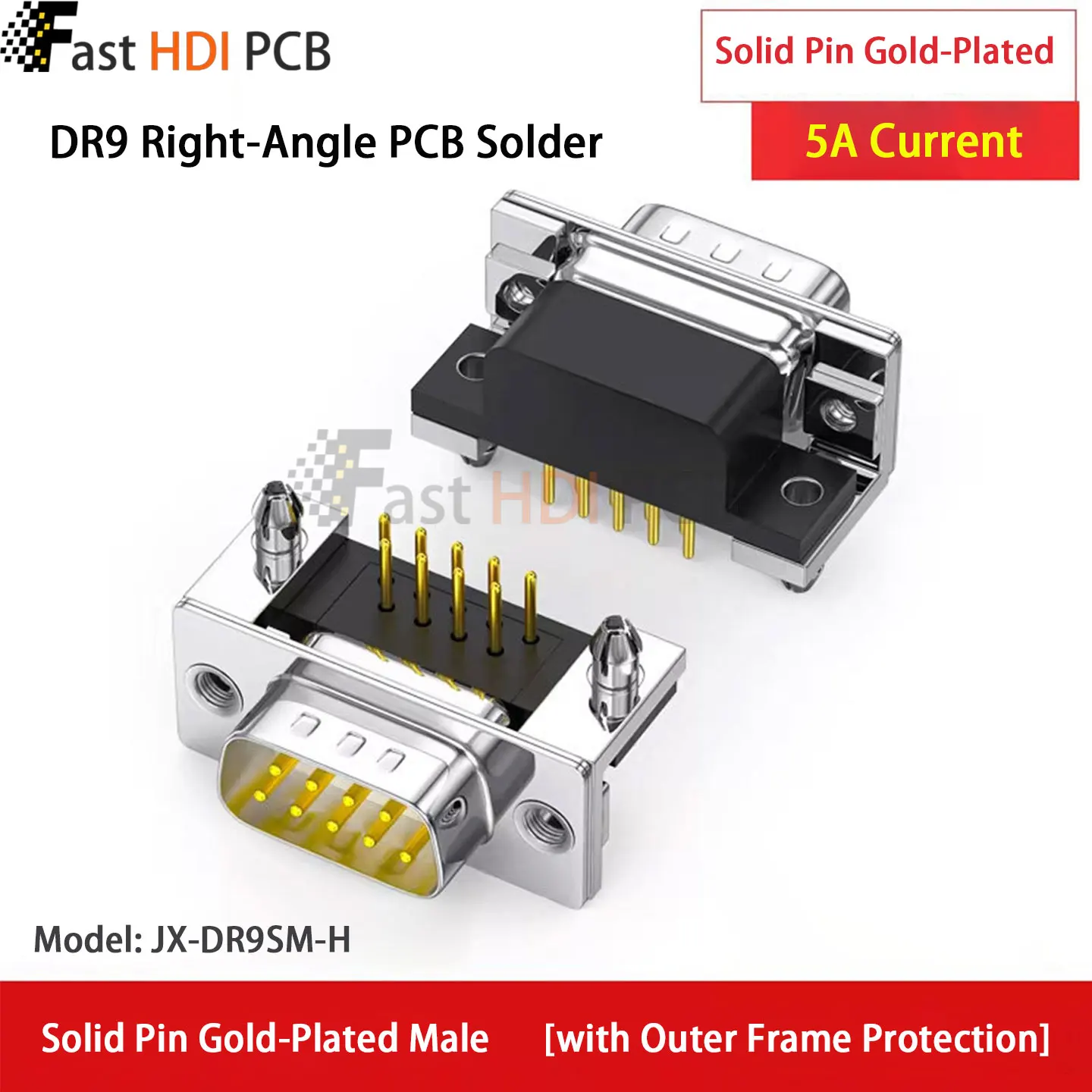 DB9 90 Degree Right Angle PCB Mount Connector Male Female 9 Pin RS232 Solder Type Gold Plated Solid/Stamped Pin for Industrial
