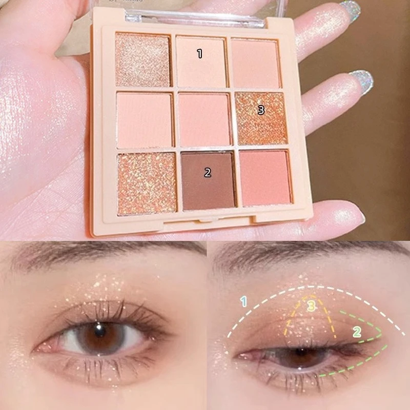 9-Farben-Lidschatten-Palette, glitzernde, perlmuttfarbene Lidschatten-Palette, Make-up für Anfänger, Lidschatten, Augen-Make-up-Palette, kosmetisches Make-up