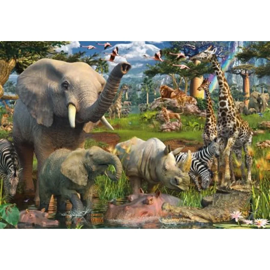 

Spectacular 18000 Piece Jigsaw Puzzle - Stunning African Plains Oasis with Elephants, Lions, and Flora - Premium Quality - Puzzl