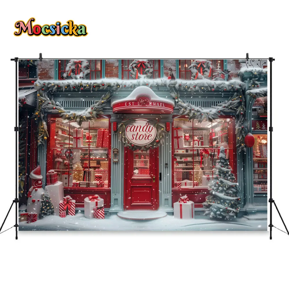 Christmas Candy Shop Background Photography White Red Candy Cane Gift Store Backdrop Merry Christmas Outdoor Booth Kids Portrait