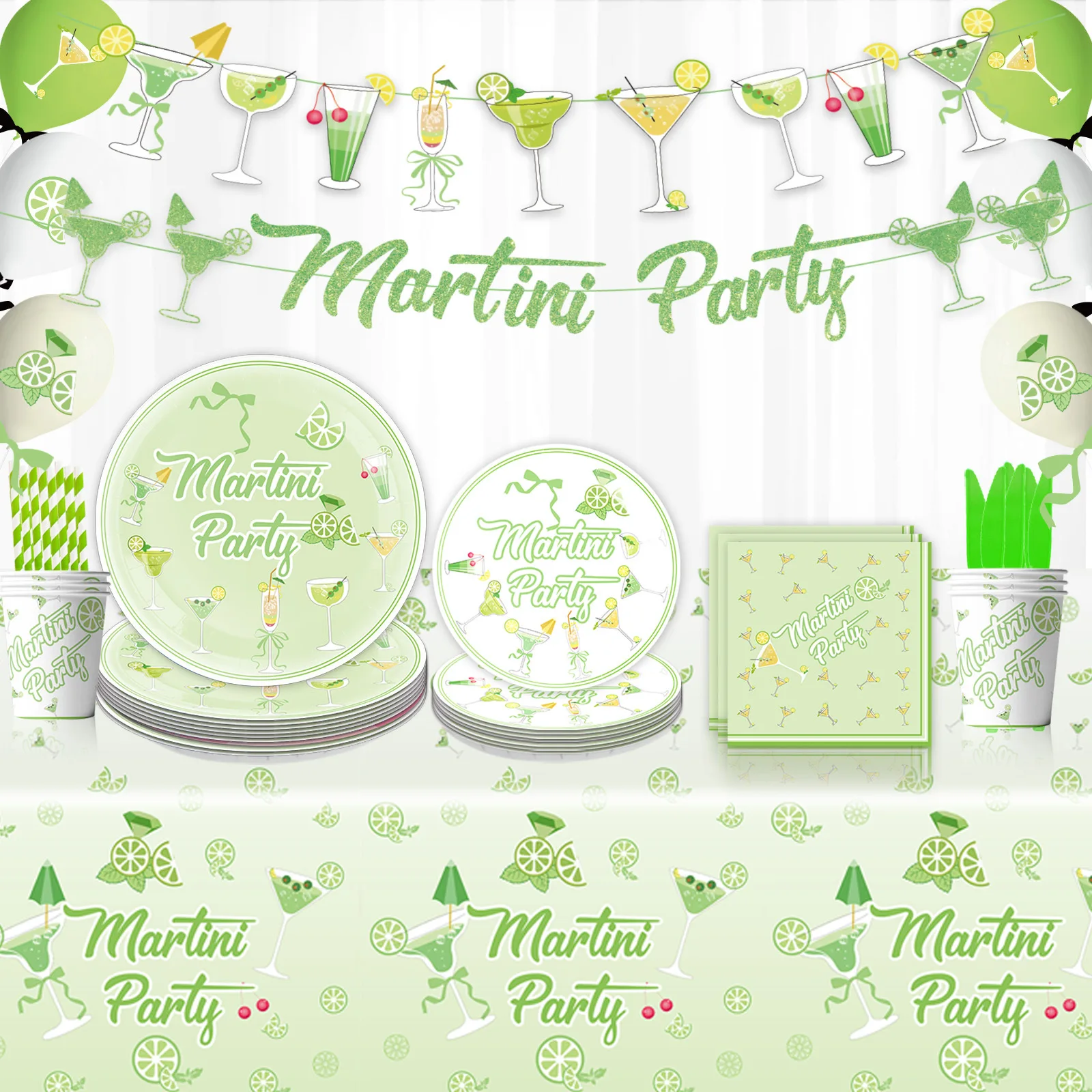 Martini Birthday Party Decorations, A Tini Bit Older Banner, Cake Topper, Olive Green Balloons, aper Plate Cupcake Napkins