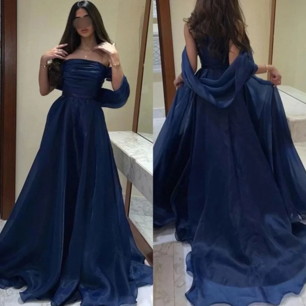 Sansa Graceful A-line Navy Blue Lace Evening Dress Off Shoulder Floor-Length Wedding Dress Draped Sleeveless vestidos de fiesta