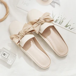 2024 Luxury Woman Mules Summer Close Toe Women Slippers Bowtie Lazy Slides Flat Heel Girl Slippers Korean Outdoor Flip Flops