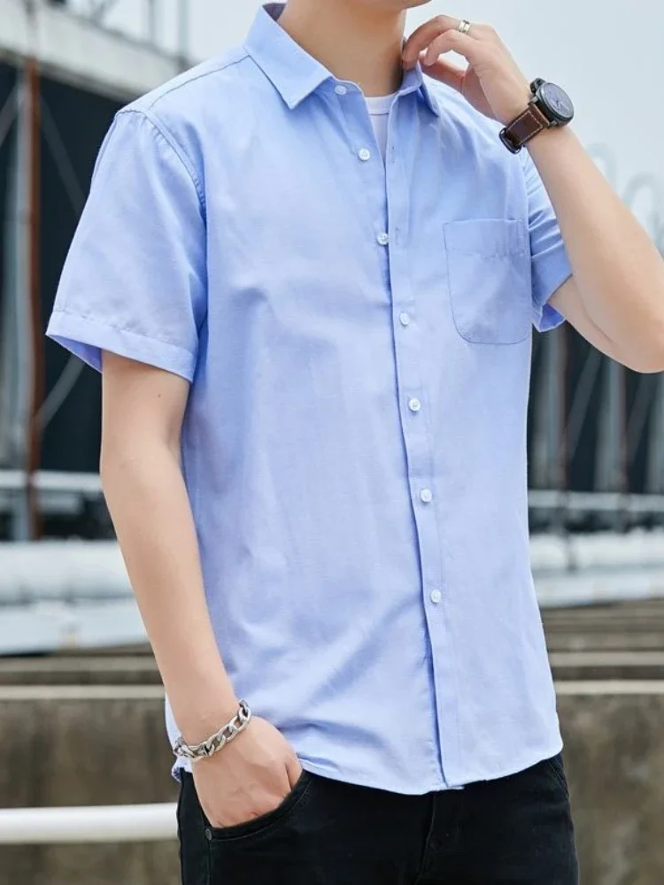 

Man Shirt Blue Short Sleeve with Pocket Plain Shirts for Men Sleeves Slim Fit Summer Elegant Korean Popular Clothes Normal Sale