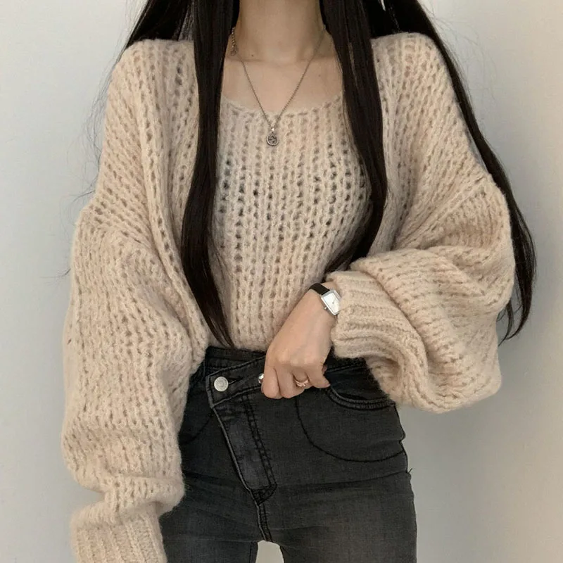 Chic Korean Style V-Neck Loose Casual  Color Lantern Sleeve Knitted Overhead Sweater Coat Autumn Lazy Fashion Women's Cl...