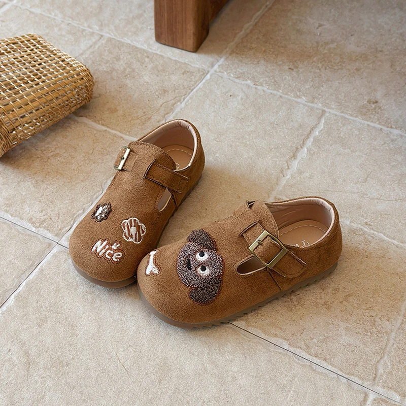 2026 Kids' Retro Leather Shoes Cute Puppy Children's Shoes Flat Simple Style Boys and Girls Casual Shoes Round-Toe First Walkers