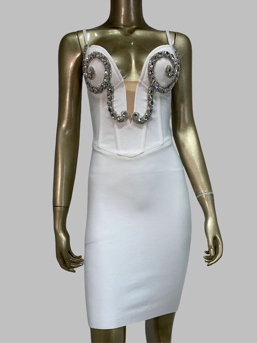 

Women White Bodycon Bandage Dress Spaghetti Strap V Neck Crystal Embroidery Bodycon Mini Celebrity Evening Club Party Dresses
