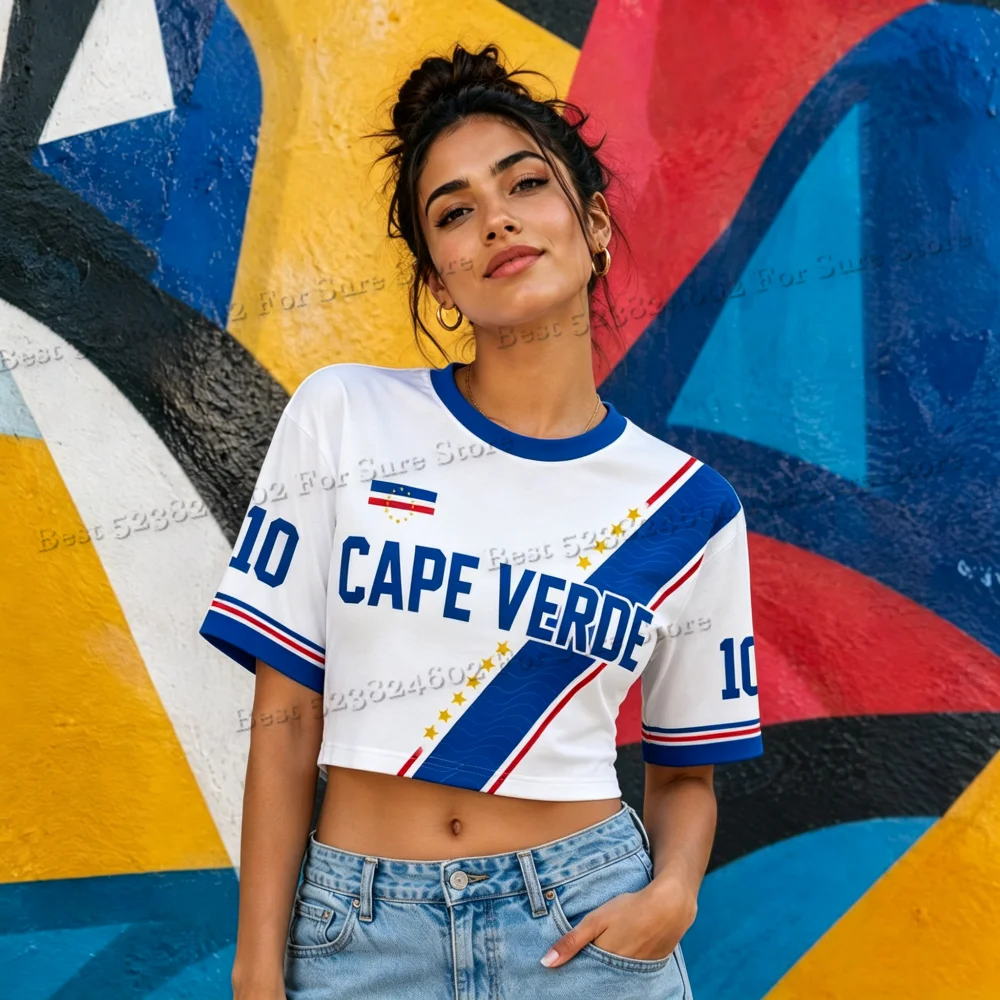 Women Cape Verde No.10 Soccer Crop Top T Shirt Short Sleeve Jersey Y2K Streetwear Cropped Sports Tee Summer Daily Casual Wear
