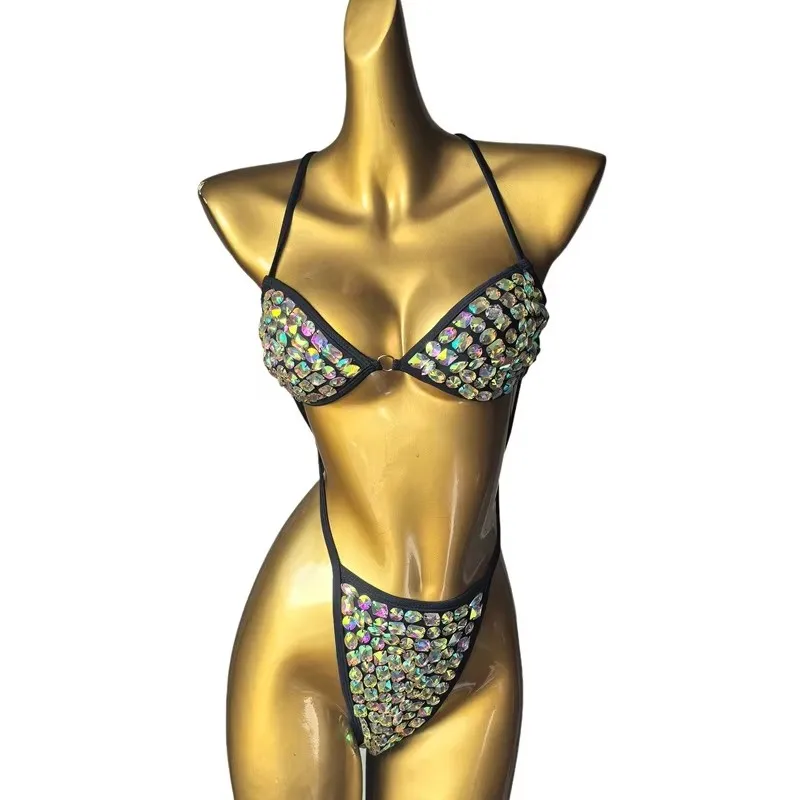 Women Slim Sexy Hand-sewn Crystal Bikini Swimwear Rhinestones Swimsuit Bar Bikini Bathing Suit for Nightclub Stage Rave Outfit