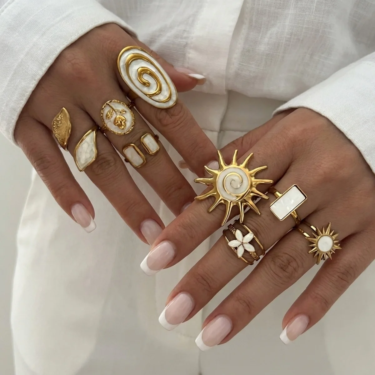 Edelstahl-Emaille-Spiral-Geometrie-Fingerringe für Damen und Herren, Vintage Französische Sonnen-Blatt-Blumen-Ringe, Modeschmuck für Partys. – Detail 14