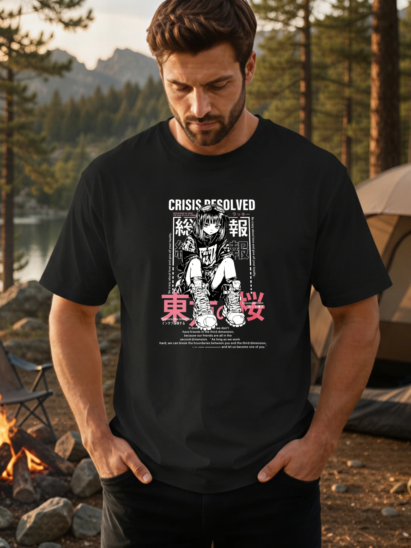 1PC JOOCAR Crisis Resolved Anime Girl Japanese Text Graphic Tee Casual All Seasons Cotton T Shirt, Crew Neck Soft Stretch Breathable Short Sleeve, Fashion Letter Print Streetwear Top, Perfect Holiday Gift Choice