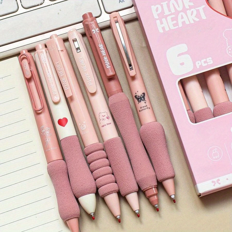 Stylo Gel rétractable 6 pièces/ensemble 0.5mm, papeterie Kawaii, stylos mignons, stylos Gel noirs, stylos esthétiques, fournitures scolaires