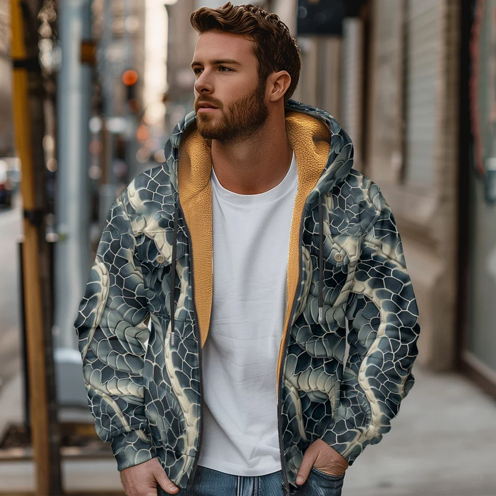 Snake Jellyfish Print Sherpa Fleece Lined Casual Hooded Coats Colorful Zip Up Jacket Heavyweight Winter Warm Jackets Casual Tops