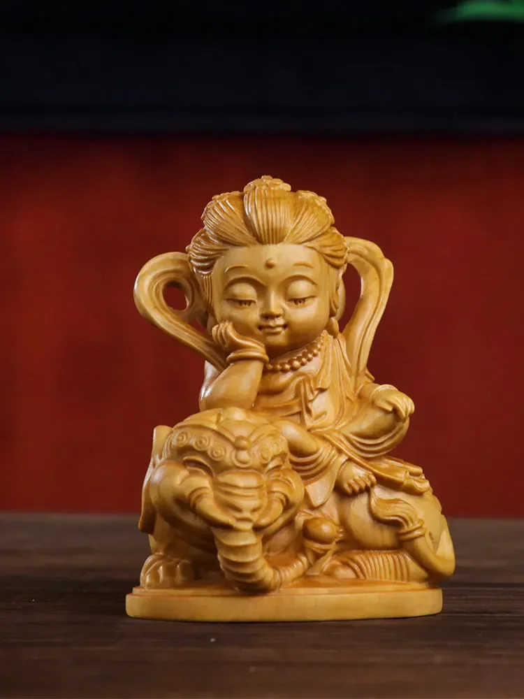 Artesanía de boj de madera maciza, Manshu, Puxian, Guanyin, Bodhisattva, tallado de Buda, piezas de mano, decoración del hogar, decoración de escritorio