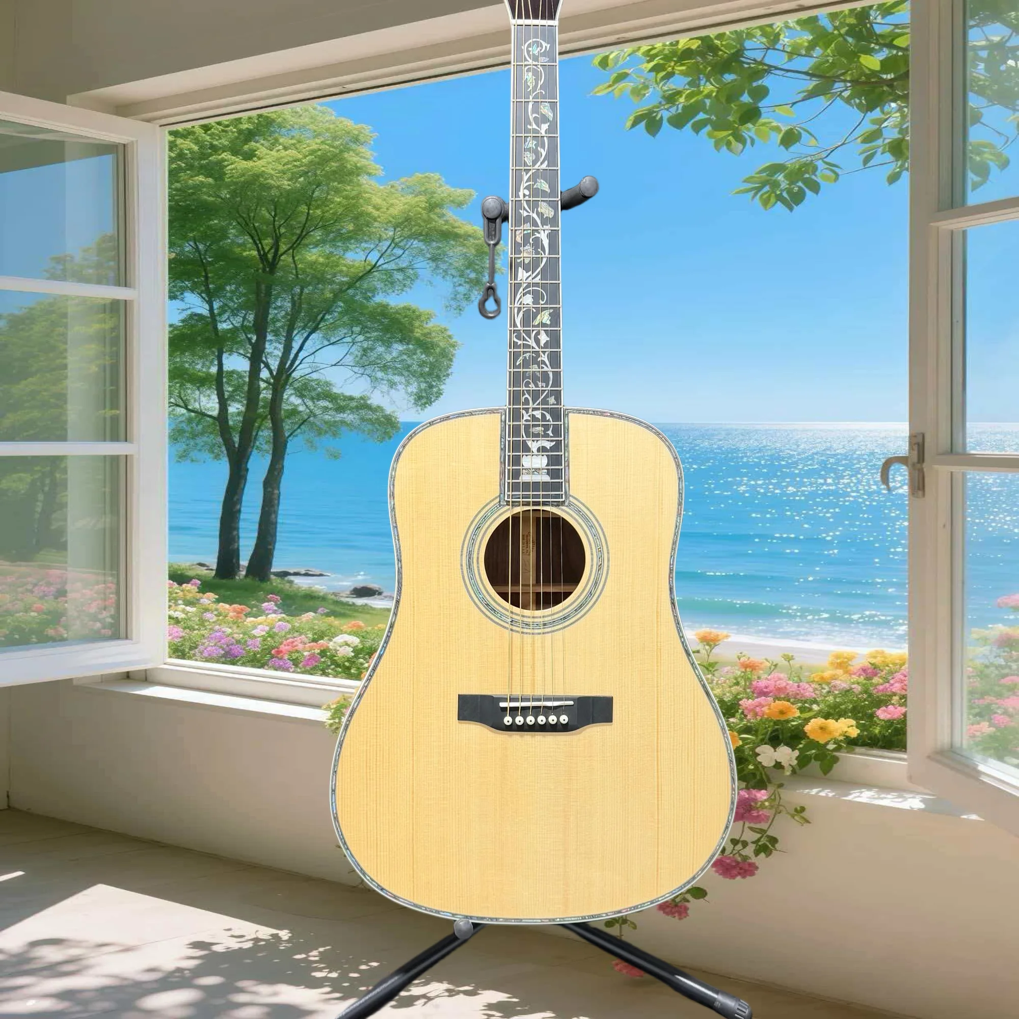 

Горячая новинка: Акустическая гитара в стиле D45, белая, с инкрустацией из перламутра, гриф из черного дерева, цельный верх из ели, фиксированный бридж, бесплатная доставка