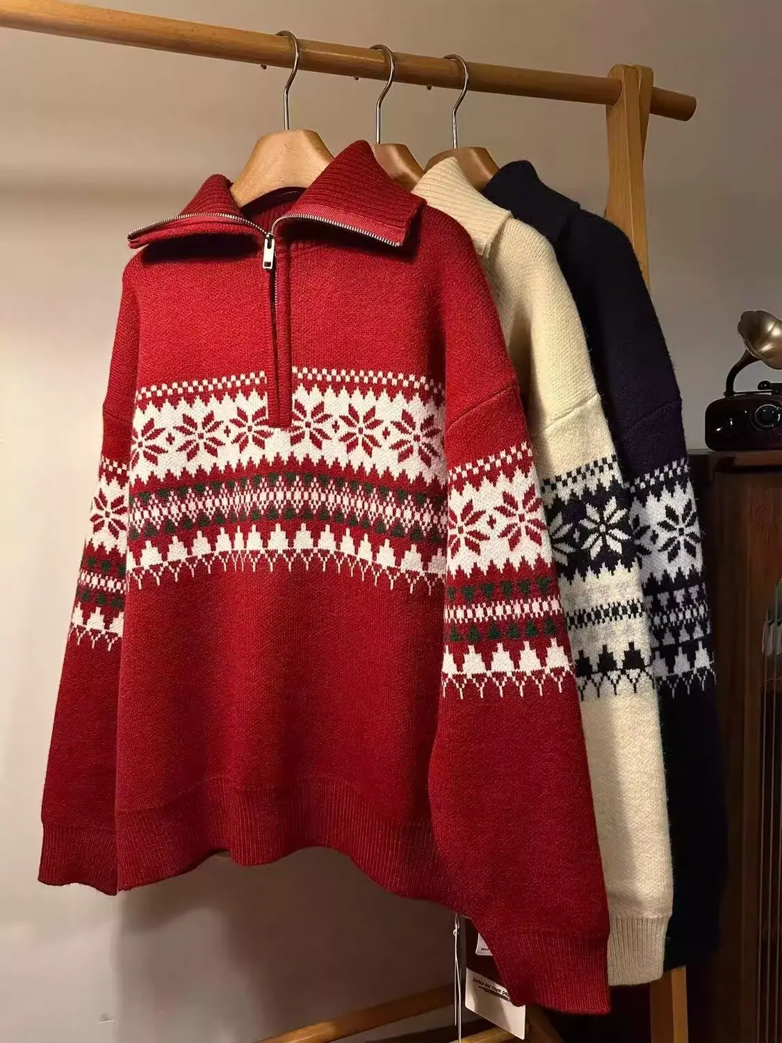 

Retro Color Blo Fair Isle f Zipper Collared Sweater Men's Autumn Winter Red High End Soft Loose Knittedwear