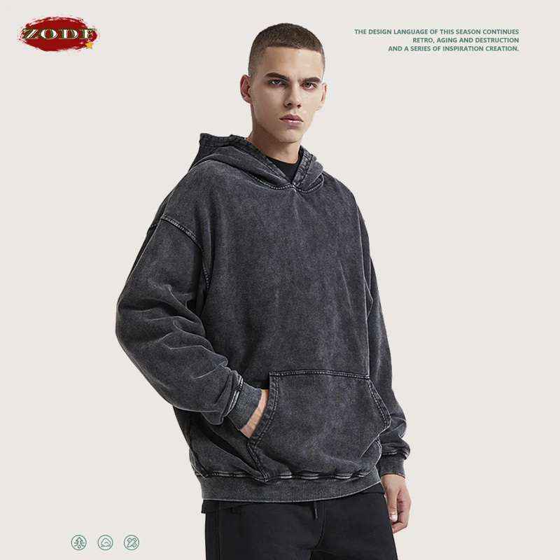 ZODF Trendy 2022 Autumn Men 380gsm Cotton Washed Retro Hoodies Pullover Loose Unisex High Street Solid Hooded Sweatshirts HY0300