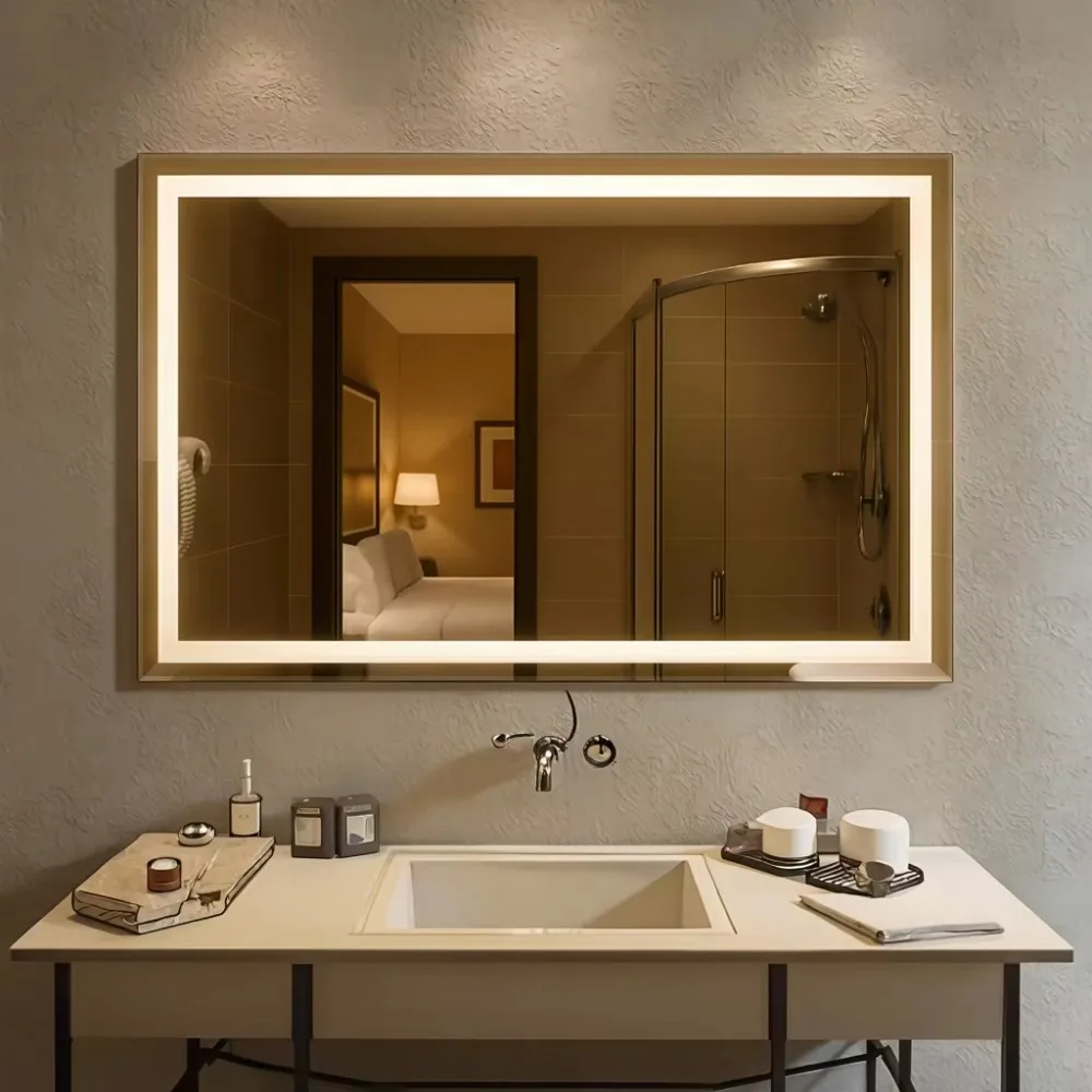 Wall-Mounted LED Chrome Metal Finish Personalized Square Vanity Bathroom Cosmetic Makeup Mirror