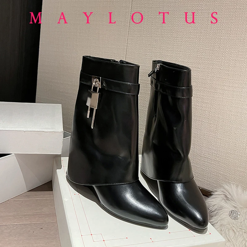 2024 Shark Lock Women Boots Wide-calf Wedge Heel Mid Calf Boot Motorcycle Genuine Leather Boots Shoes