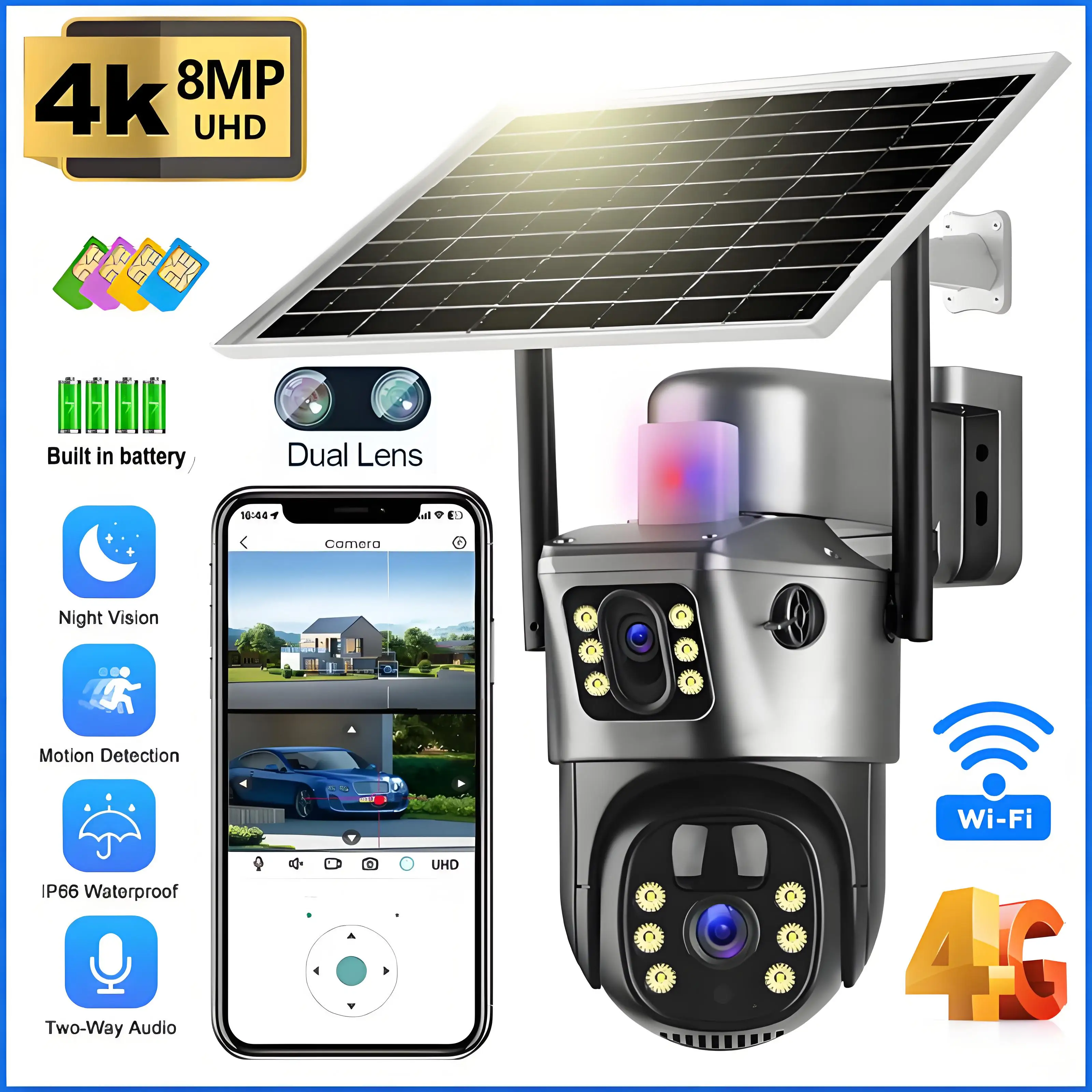 4K 8MP 4G Sim Solar Camera Outdoor Dual Lens Wireless WiFi Surveillance IP Camera PIR Human Detection Solar Security CCTV Cam