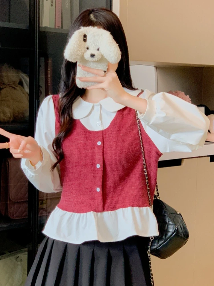 Echter Schuss Herbst Winter 2025, neue Mode, lässig, Patchwork, Kontrastfarbe, gefälschtes zweiteiliges Langarm-Shirt für Damen, elegantes Basis-Top